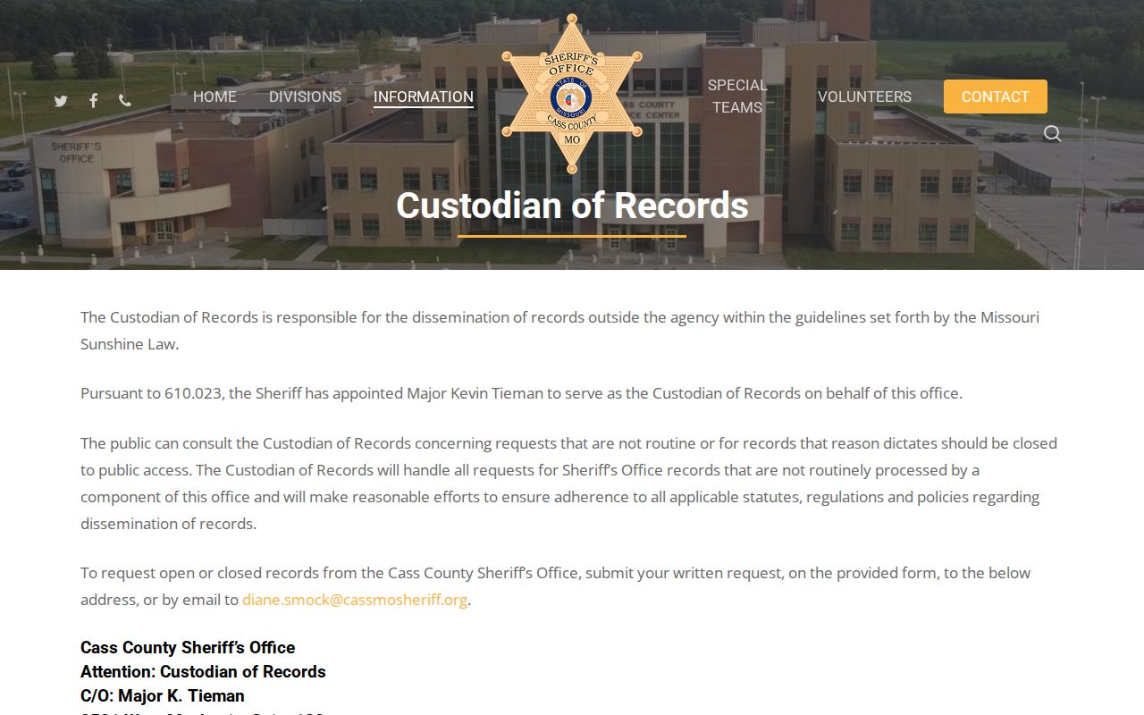 Cass County booking-record request through the Sheriff Custodian of Records